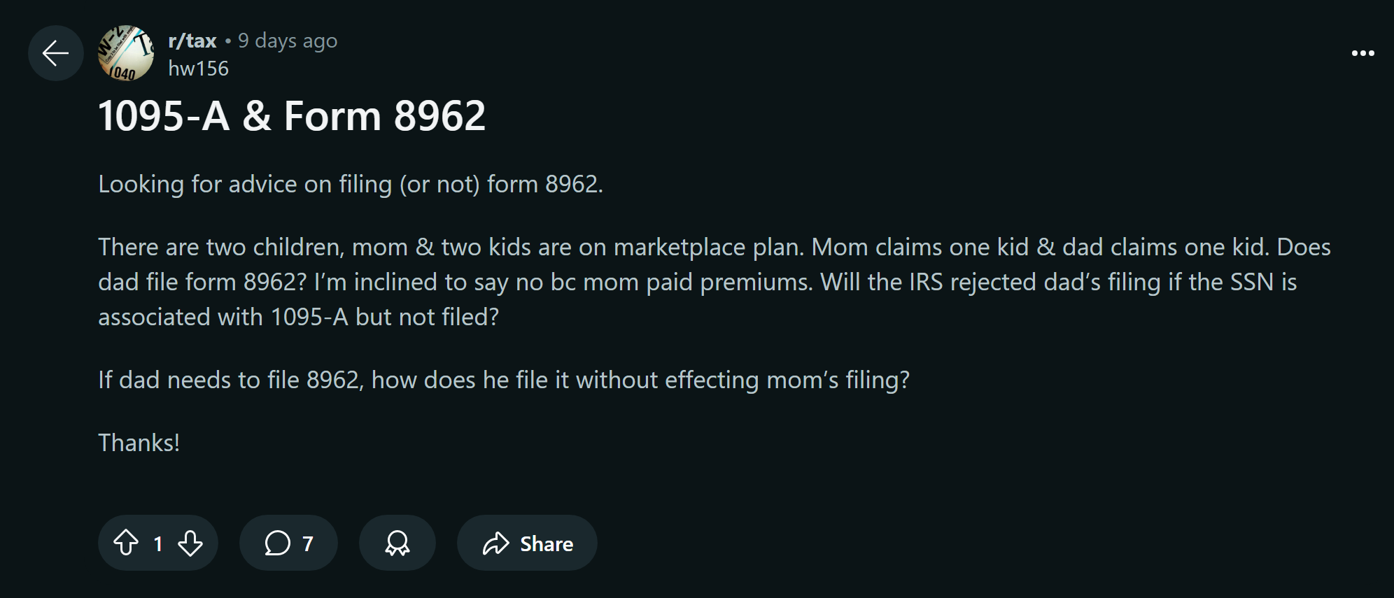 Looking for advice on filing (or not) form 8962.

There are two children, mom & two kids are on marketplace plan. Mom claims one kid & dad claims one kid. Does dad file form 8962? I’m inclined to say no bc mom paid premiums. Will the IRS rejected dad’s filing if the SSN is associated with 1095-A but not filed?

If dad needs to file 8962, how does he file it without effecting mom’s filing?

Thanks!