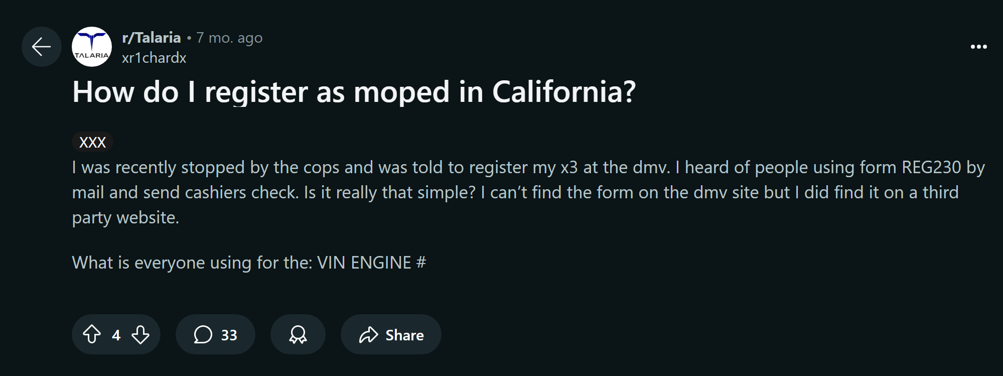 I was recently stopped by the cops and was told to register my x3 at the dmv. I heard of people using form REG230 by mail and send cashiers check. Is it really that simple? I can’t find the form on the dmv site but I did find it on a third party website.

What is everyone using for the: VIN ENGINE #