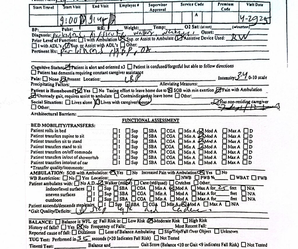 This image shows a handwritten medical assessment form, highlighting how manual transcription is error-prone and time-consuming—an ideal use case for AI-driven form filling. Example of a handwritten therapist note with functional assessment and medical history fields