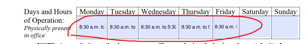 Form requiring structured input of office hours, demonstrating the formatting challenges humans face when entering data consistently across multiple days. Office hours table with weekdays and handwritten time ranges circled in red