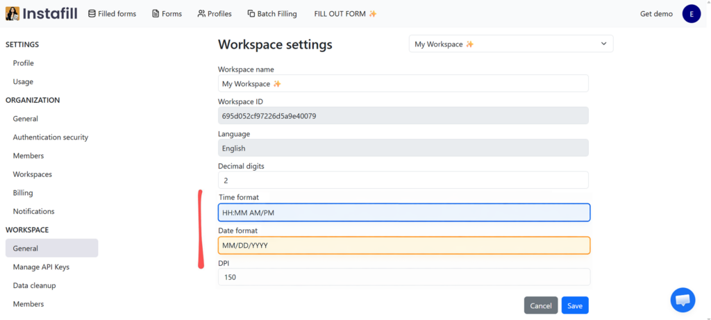 Workspace settings showing Date format and Time format fields in Instafill.ai